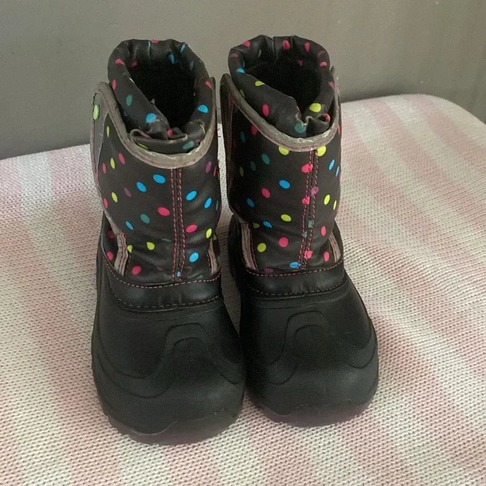 Members Mark Girls Black Polka Dot Light Up Lined Hook/Loop Snow Boot Size 7/8